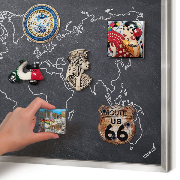 Souvenir magnet display board with a silver frame Cretaceous world