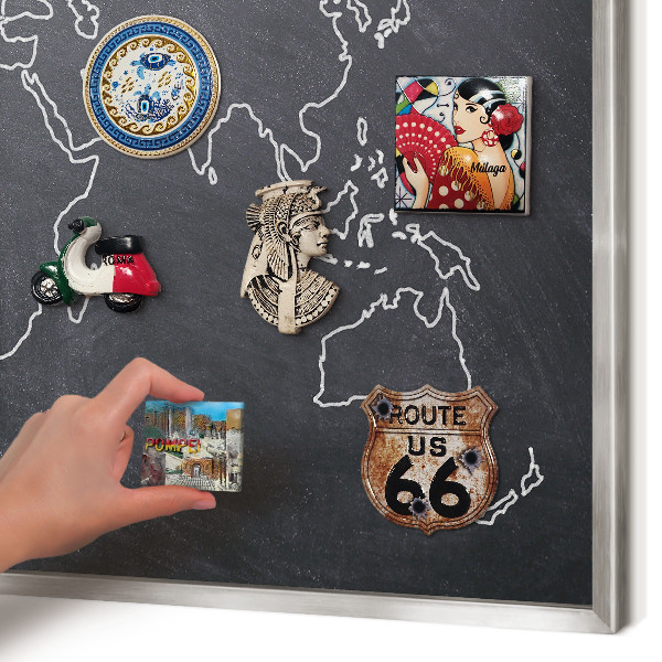 Souvenir magnet display board with a silver frame Cretaceous world
