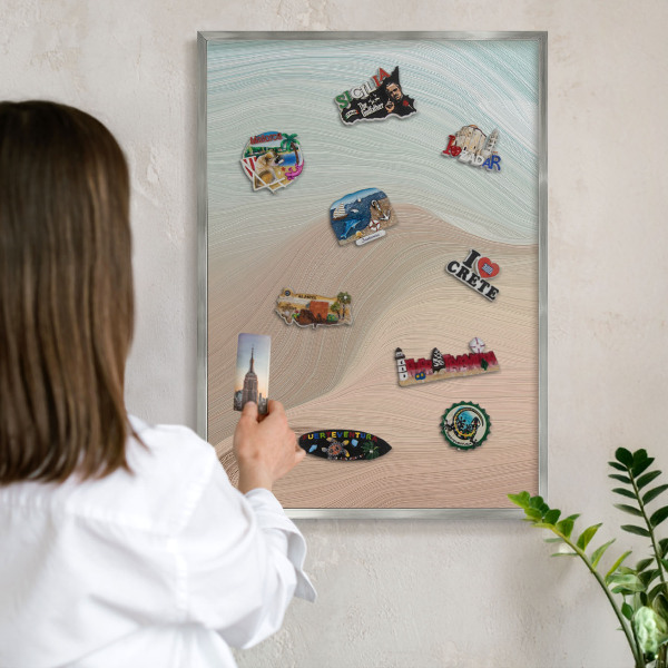 Souvenir magnet display board with a silver frame Pastel swirl