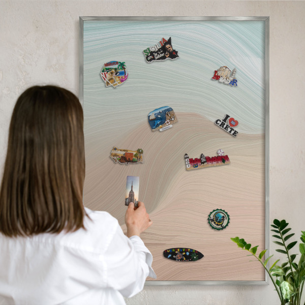 Souvenir magnet display board with a silver frame Pastel swirl