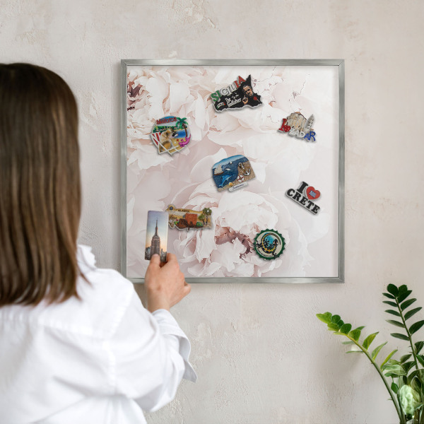 Printed magnet board in a silver frame White peonies