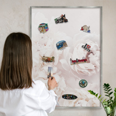 Printed magnet board in a silver frame White peonies