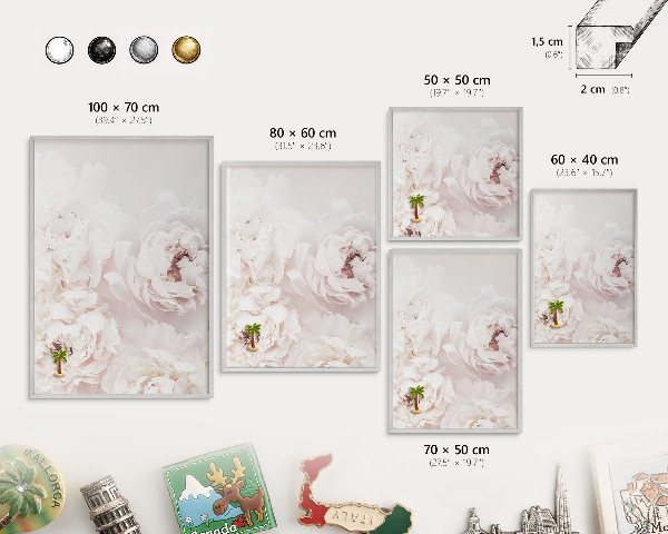 Printed magnet board in a silver frame White peonies