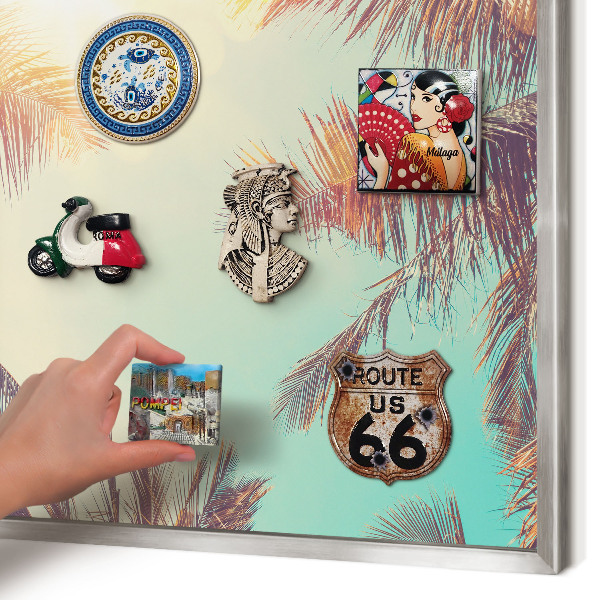 Souvenir magnet display board with a silver frame Tropical paradise