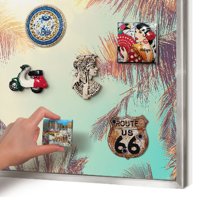 Souvenir magnet display board with a silver frame Tropical paradise
