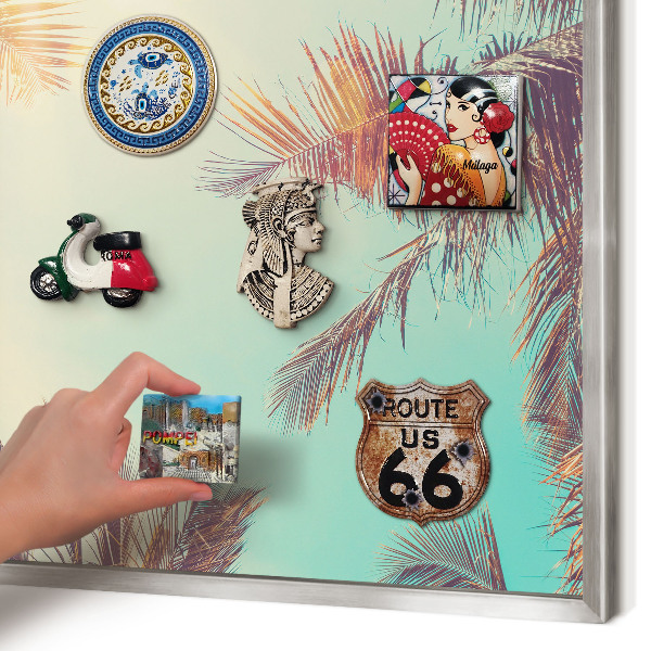 Souvenir magnet display board with a silver frame Tropical paradise