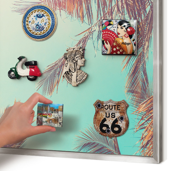 Souvenir magnet display board with a silver frame Tropical paradise