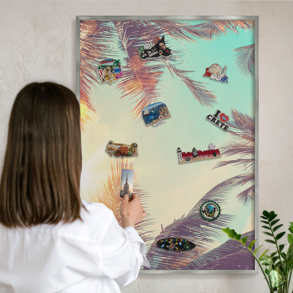 Souvenir magnet display board with a silver frame Tropical paradise