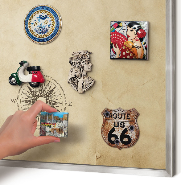 Souvenir magnet display board with a silver frame Wind rose