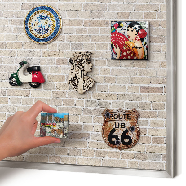 Souvenir magnet display board with a silver frame Brick pattern