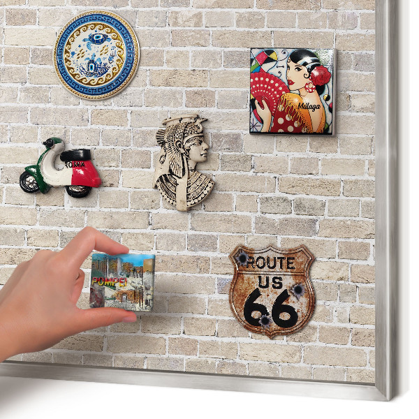 Souvenir magnet display board with a silver frame Brick pattern