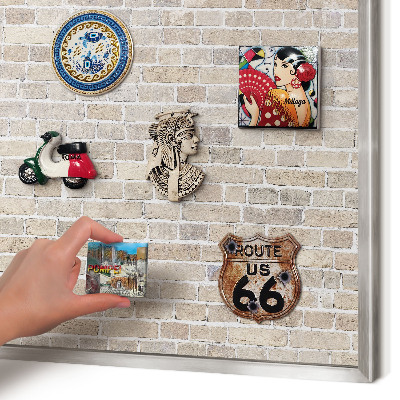 Souvenir magnet display board with a silver frame Brick pattern