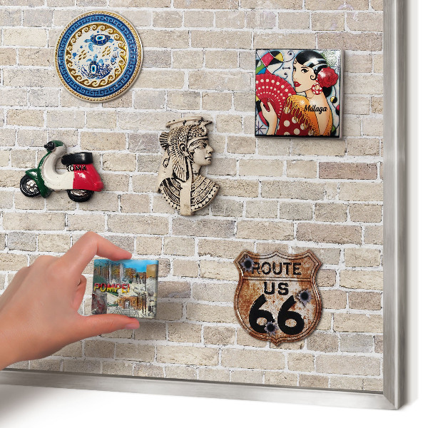 Souvenir magnet display board with a silver frame Brick pattern