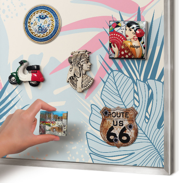Souvenir magnet display board with a silver frame Tropical abstraction