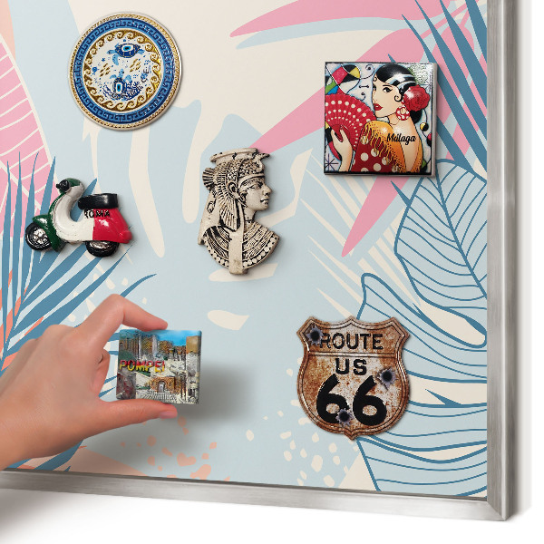 Souvenir magnet display board with a silver frame Tropical abstraction