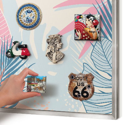 Souvenir magnet display board with a silver frame Tropical abstraction