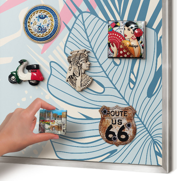 Souvenir magnet display board with a silver frame Tropical abstraction