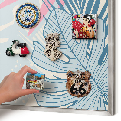 Souvenir magnet display board with a silver frame Tropical abstraction