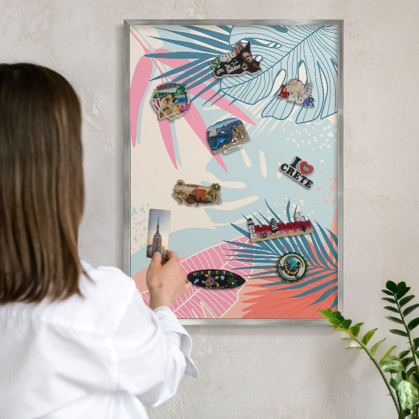 Souvenir magnet display board with a silver frame Tropical abstraction
