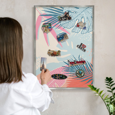 Souvenir magnet display board with a silver frame Tropical abstraction