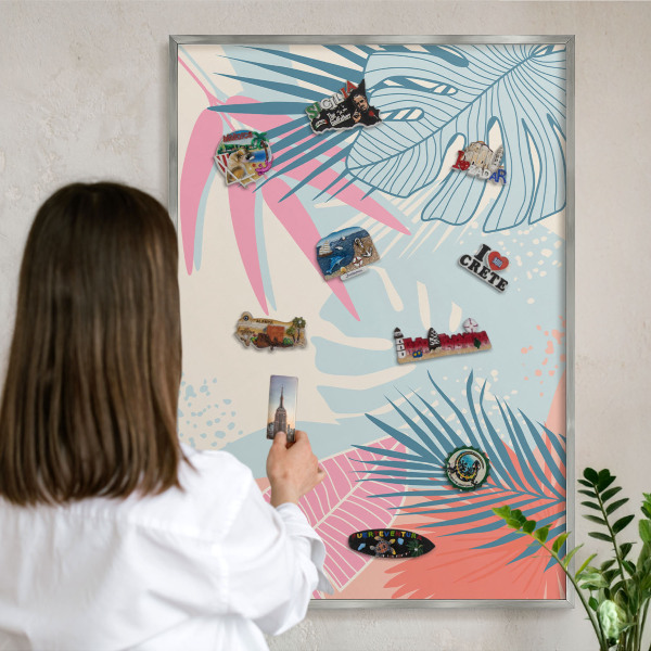 Souvenir magnet display board with a silver frame Tropical abstraction
