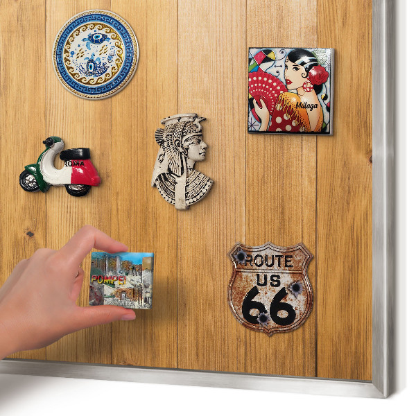Souvenir magnet display board with a silver frame Wooden texture