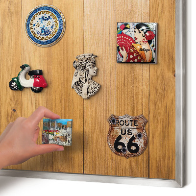 Souvenir magnet display board with a silver frame Wooden texture