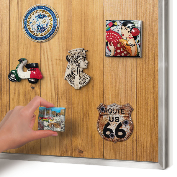 Souvenir magnet display board with a silver frame Wooden texture