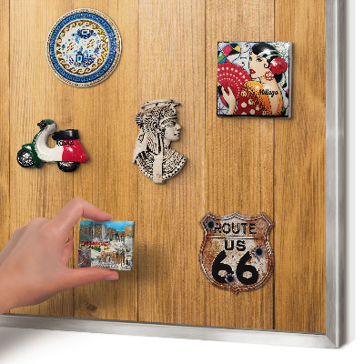 Souvenir magnet display board with a silver frame Wooden texture