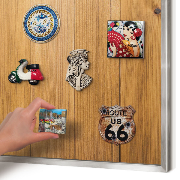Souvenir magnet display board with a silver frame Wooden texture