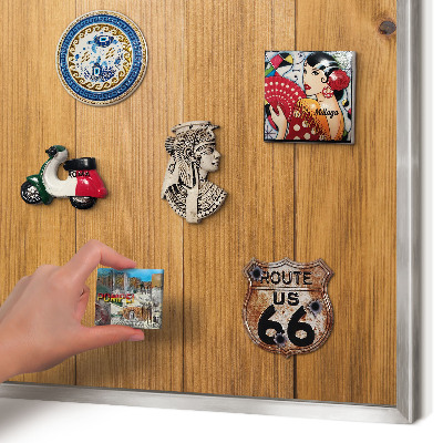 Souvenir magnet display board with a silver frame Wooden texture