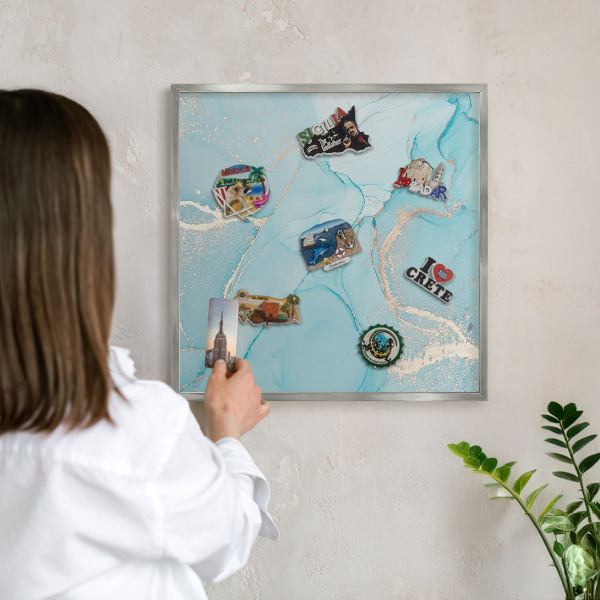 Souvenir magnet display board with a silver frame Turquoise elegance