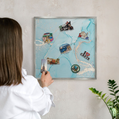 Souvenir magnet display board with a silver frame Turquoise elegance
