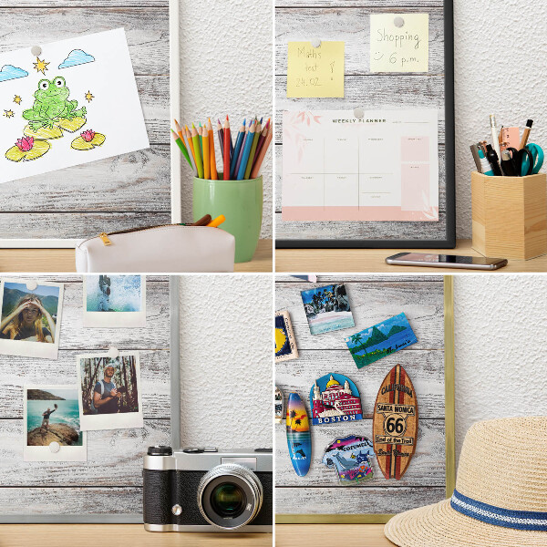 Souvenir magnet display board with a silver frame Rustic wood