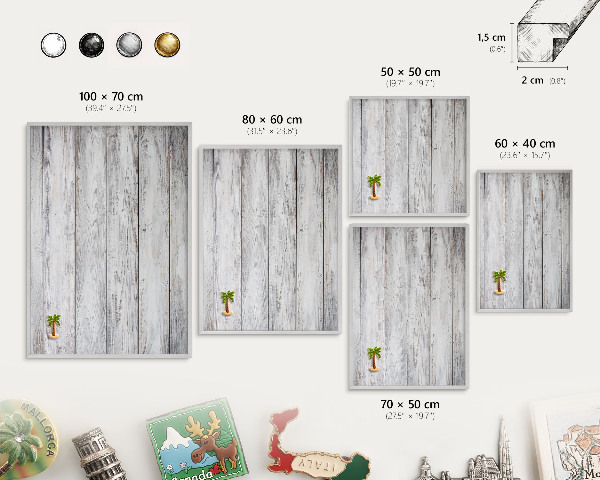 Souvenir magnet display board with a silver frame Rustic wood