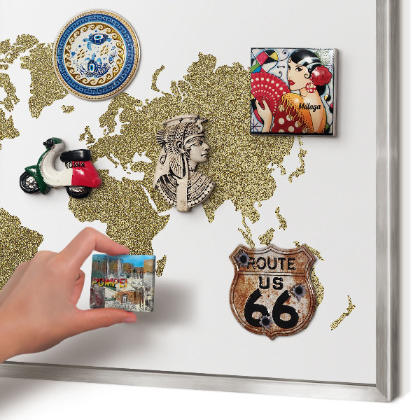 Printed magnet board in a silver frame World map