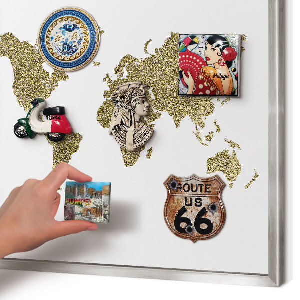 Printed magnet board in a silver frame World map