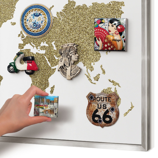 Printed magnet board in a silver frame World map