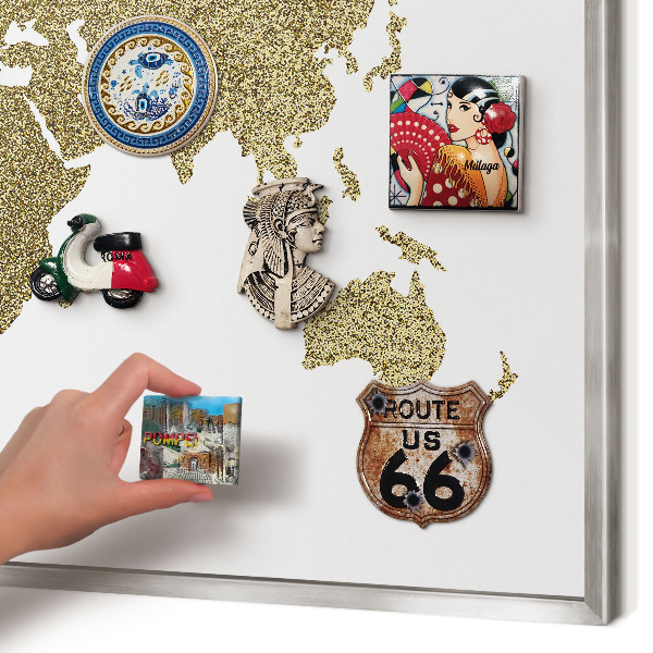 Printed magnet board in a silver frame World map