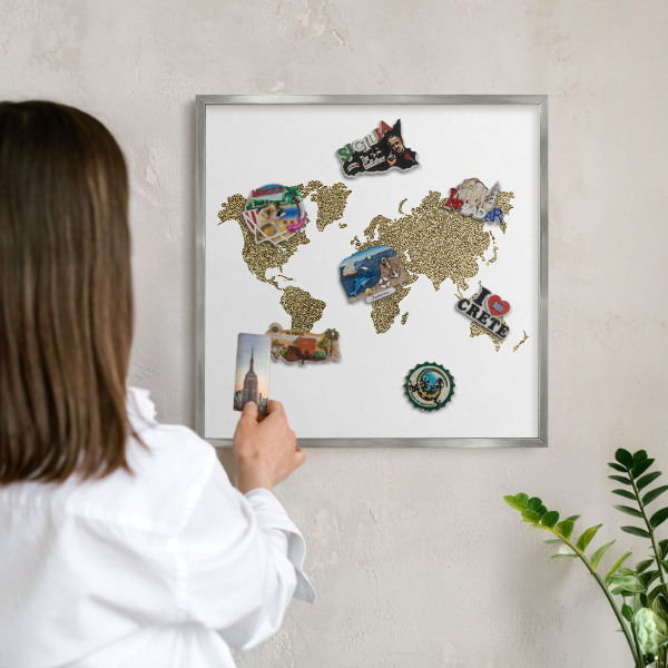 Printed magnet board in a silver frame World map