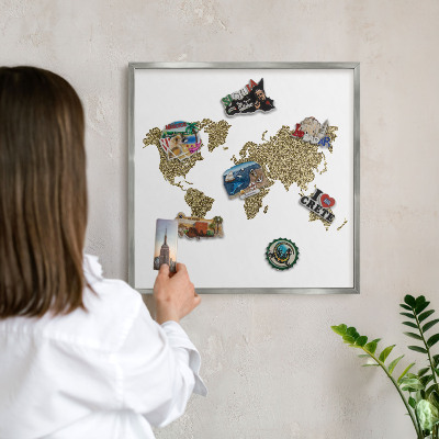 Printed magnet board in a silver frame World map