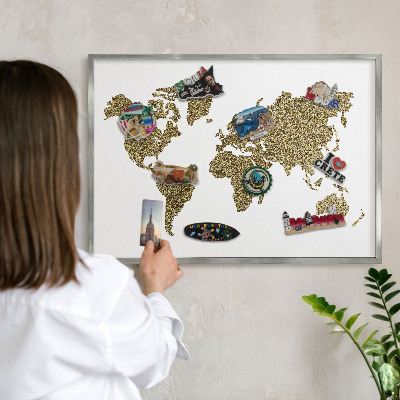 Printed magnet board in a silver frame World map