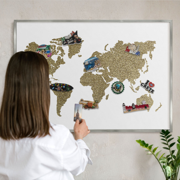 Printed magnet board in a silver frame World map