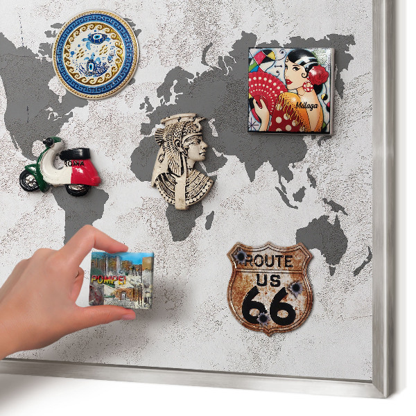 Souvenir magnet display board with a silver frame World map