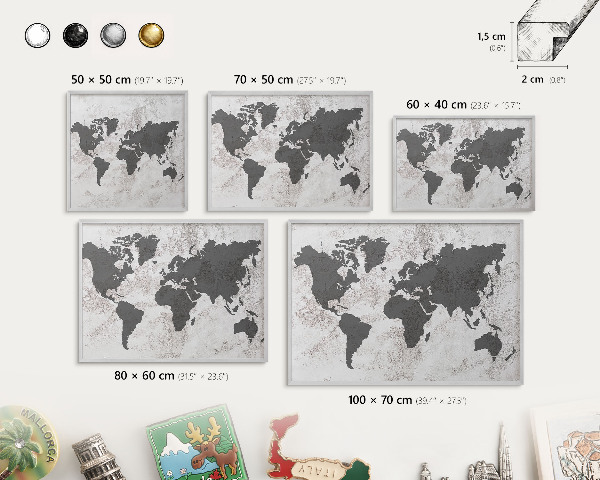 Souvenir magnet display board with a silver frame World map