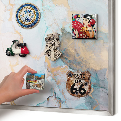Souvenir magnet display board with a silver frame Pastel forms