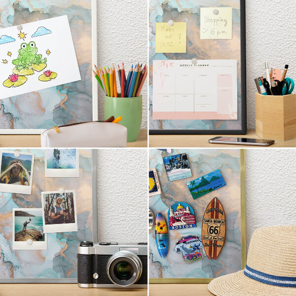 Souvenir magnet display board with a silver frame Pastel forms