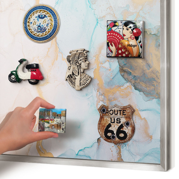 Souvenir magnet display board with a silver frame Pastel forms