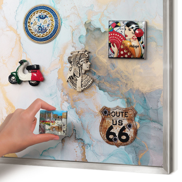 Souvenir magnet display board with a silver frame Pastel forms