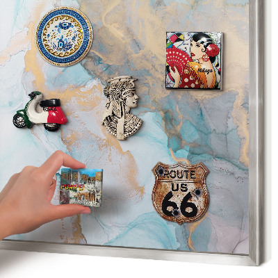 Souvenir magnet display board with a silver frame Pastel forms